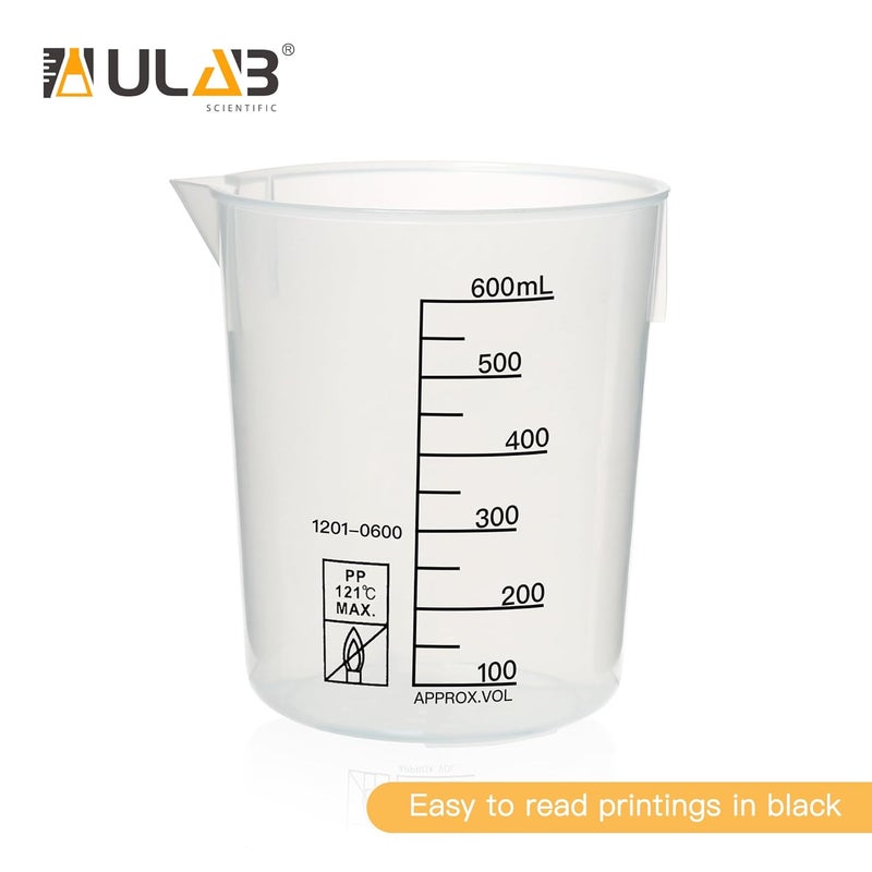 ULAB Scientific Stackable Graduated Plastic Beakers, 4pcs of Vol.600ml(20.29oz), with Easy-to-Read Printings in Black, UBP1026 - Image 4
